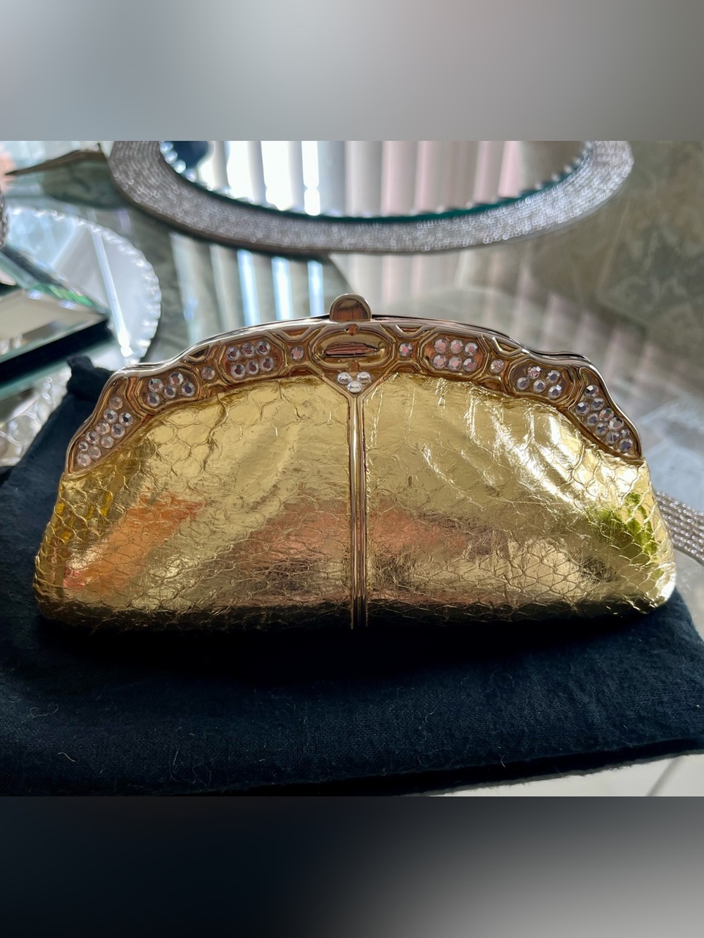 Retro Gold Metallic Evening Clutch with Rhinestone Frame
